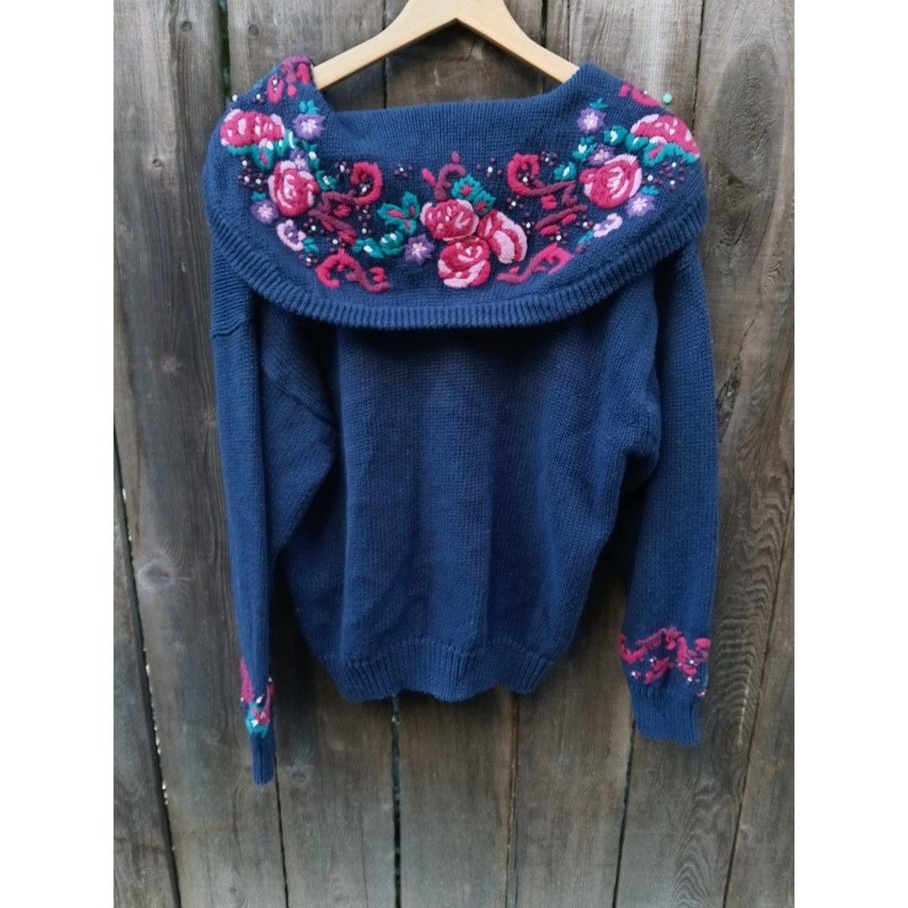Vintage Sweater 80s/90s Cape Isle Knitters Floral Hand Embroidered Cardigan XS‎